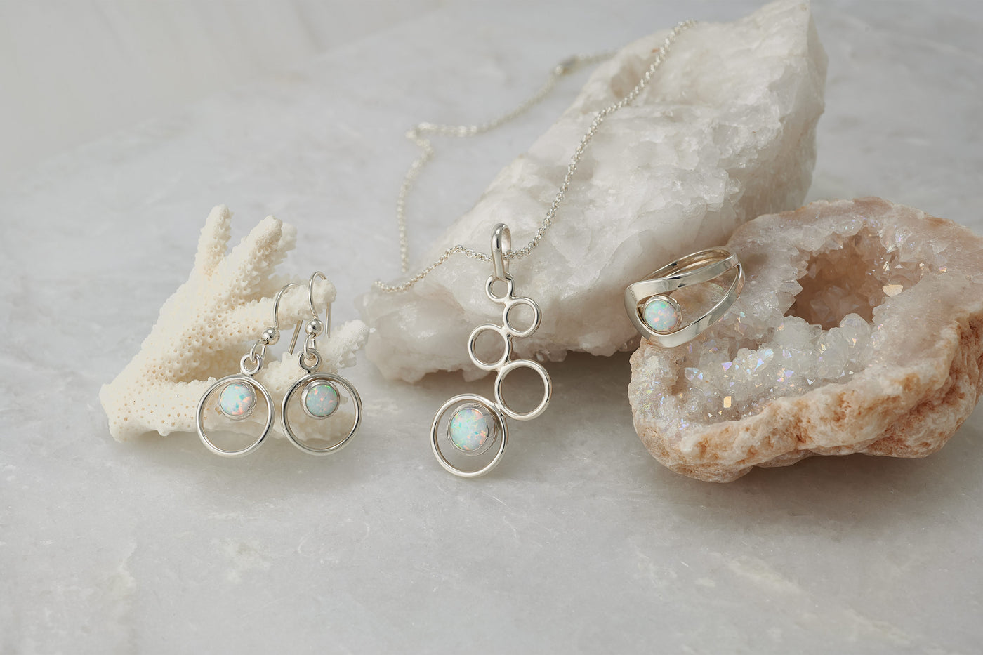Opal Jewelry set with earrings, necklace, ring