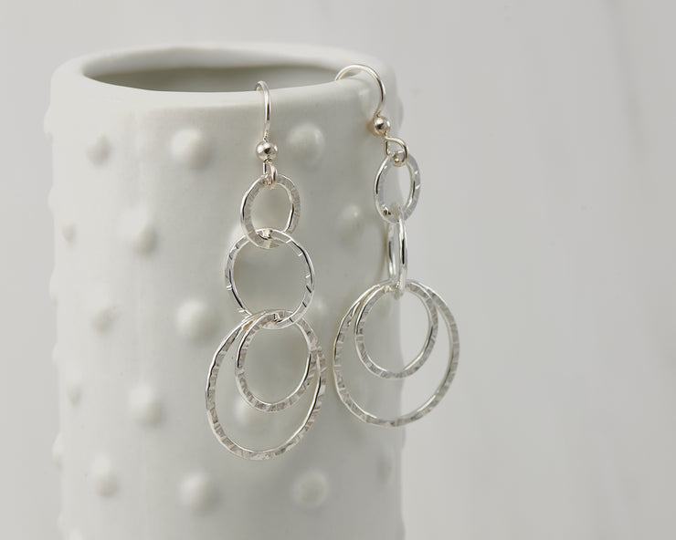Silver polished hammered circles earrings on dotted vase