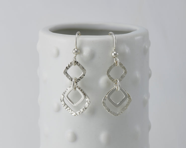 Silver polished hammered squares earrings on dotted vase