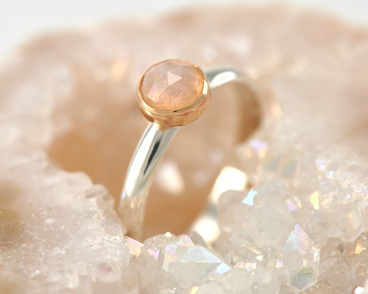 silver and gold moonstone engagement ring in quartz