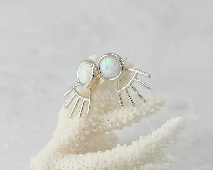 silver opal ear jacket stud earrings on coral