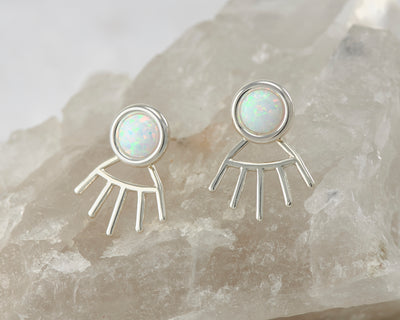 silver opal ear jacket stud earrings on quartz