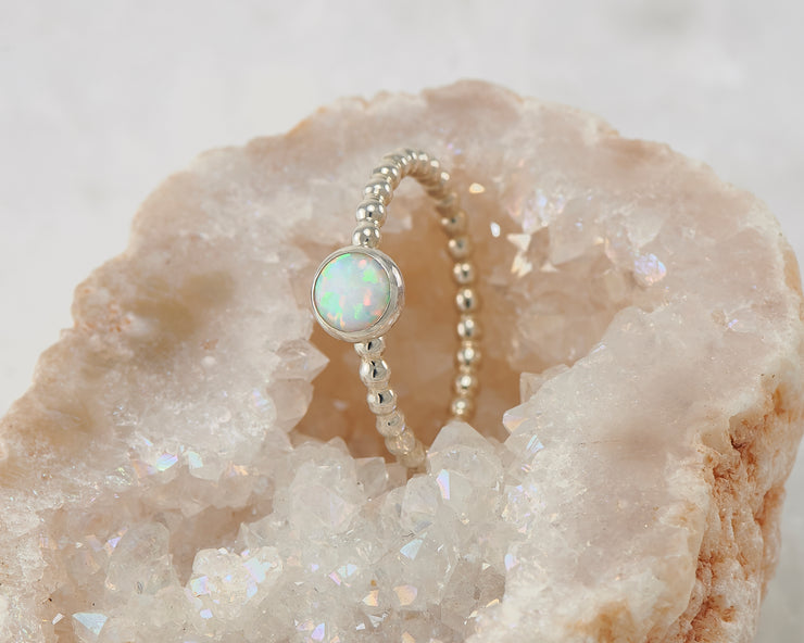 opal silver beaded ring in geode