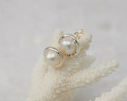 Pearl Stud Earrings - Hammered