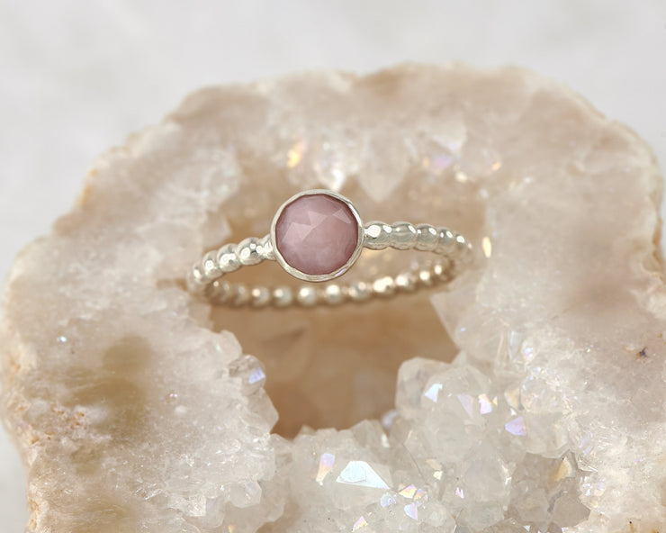peruvian pink opal silver beaded ring in geode