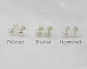 Silver stud earring finishes in polished, brushed, hammered
