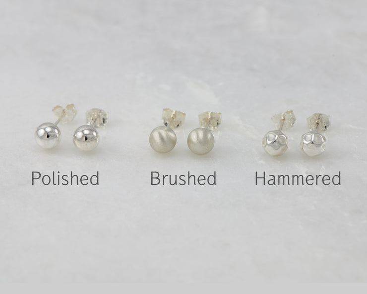 Silver stud earring finishes in polished, brushed, hammered