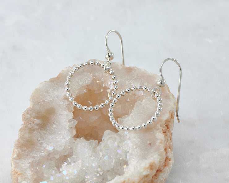 beaded circle hoop silver polished earring in quartz
