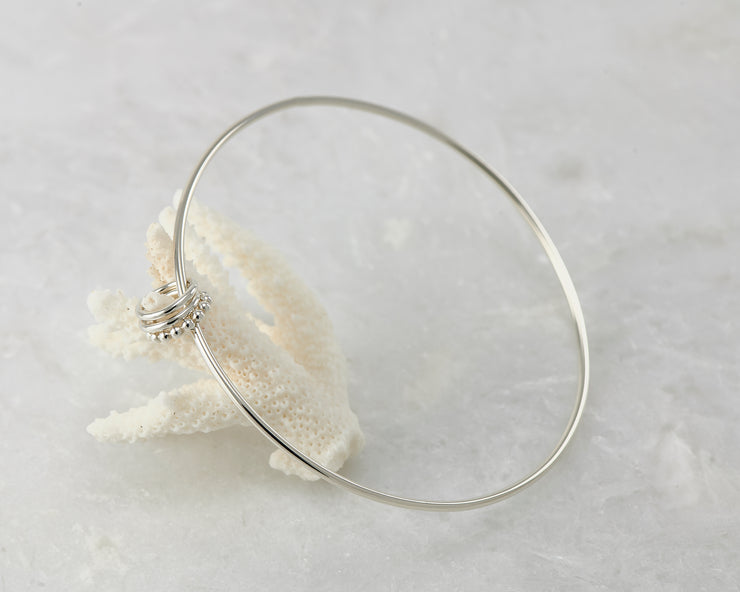silver bangle charms bracelet balanced on coral