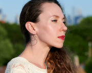 Woman wearing silver hoop beaded circles hoop earrings