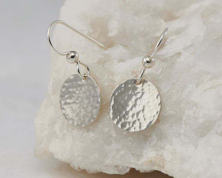 Silver Dangle Earrings Hammered Disc 