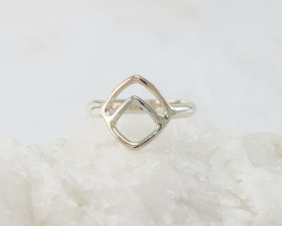 Silver geometric chevron ring on white rock