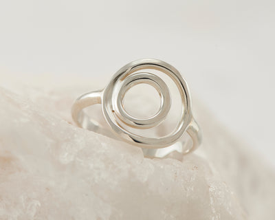 silver circles ring on white rock
