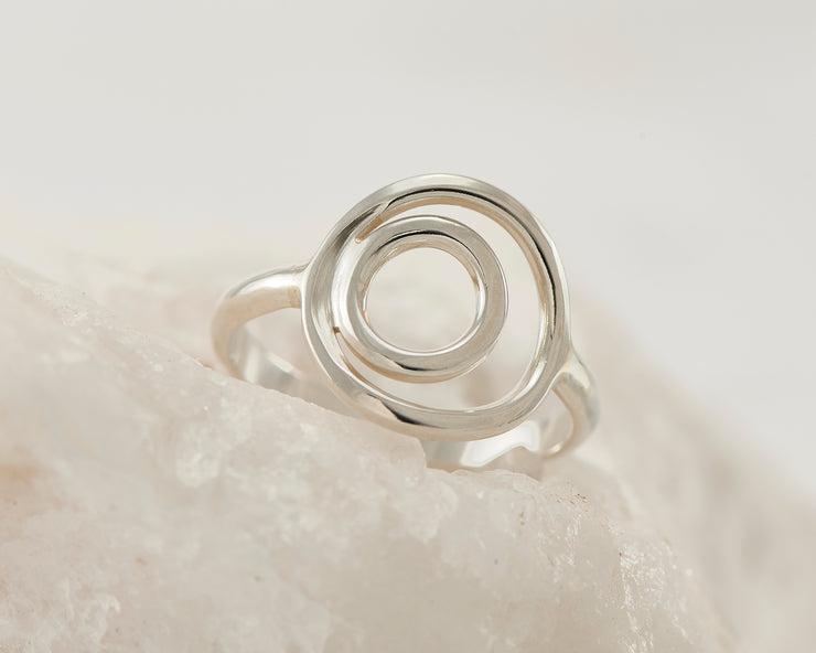 silver circles ring on white rock