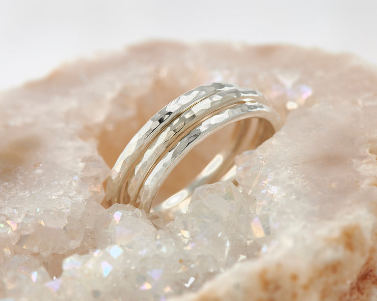 hammered silver stacking rings in quartz