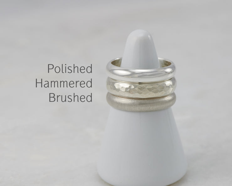 polished, hammered, and brushed silver wedding bands