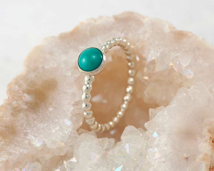 turquoise silver beaded ring in quartz