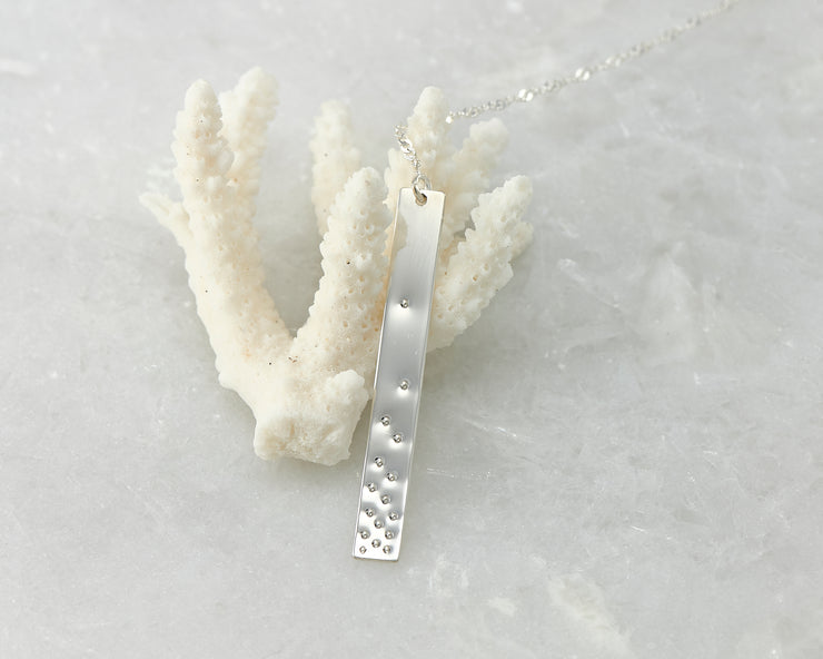 silver bar y-necklace on coral